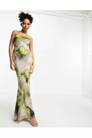 ASOS Damen Bedruckte Kleider - Cowl neck cami bias maxi dress with tie back in grey and lime marble print