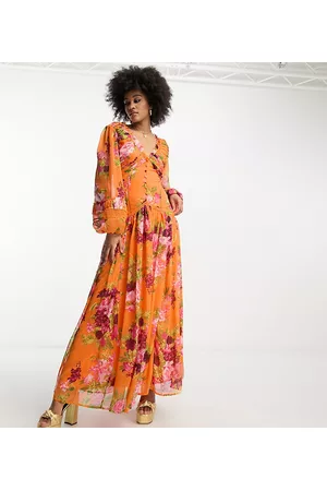 ASOS Damen Bedruckte Kleider - ASOS DESIGN Tall button through pintuck maxi dress with lace inserts in orange floral print