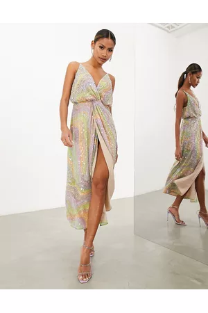 ASOS Damen Bedruckte Kleider - Twist front cami midi dress in pastel print and sequin