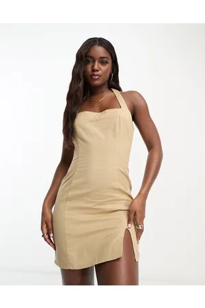 ASOS Linen halter mini sundress in camel
