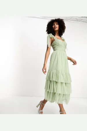 Lace & Beads Exclusive tie shoulder tiered midi dress in sage