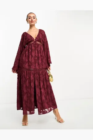 ASOS Burnout v neck batwing midi dress with button through detail in burgundy