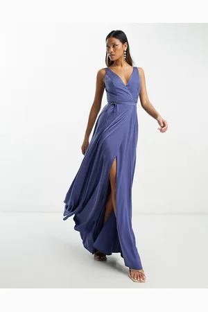 ASOS Bridesmaid satin wrap maxi dress with tie detail in steel