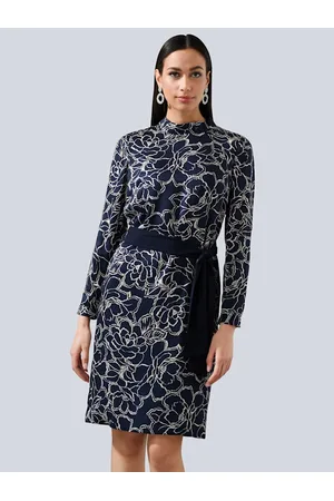 ALBA MODA Damen Bedruckte Kleider - Kleid mit Stehkragen Marineblau/Ecru
