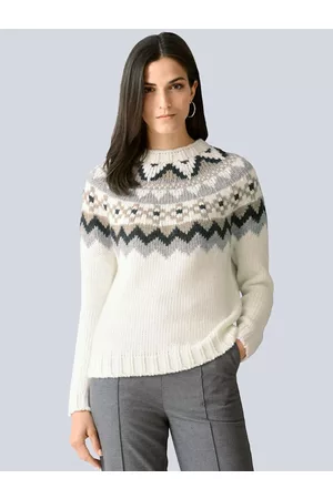 ALBA MODA Damen Strickpullover - Pullover in angesagtem Norweger Dessin Off-white/Grau/Taupe