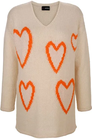 Miamoda Damen Strickpullover - Pullover mit Herzen Strickmuster Hellbeige/Orange