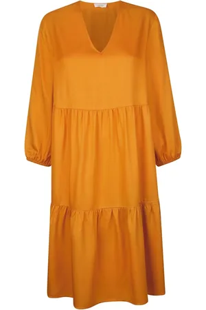 MONA Damen Bedruckte Kleider - Kleid mit Stufenrock Senfgelb
