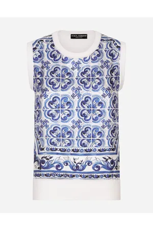 Dolce & Gabbana Strickwaren - Ärmelloser Pullover aus Seide und Twill Majolika-Print