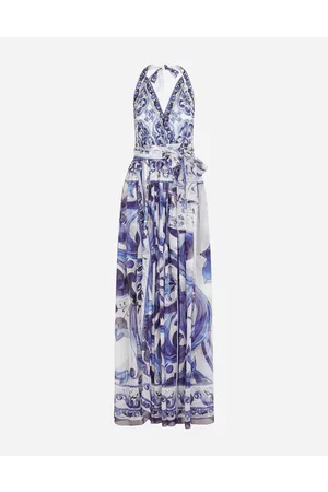 Dolce & Gabbana Kleider - Langes ärmelloses Kleid aus Chiffon Majolika-Print
