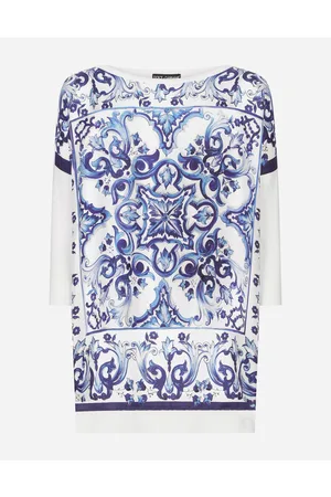 Dolce & Gabbana Strickwaren - Rundhalspullover aus Seidentwill mit Majolika-Print