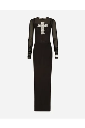 Dolce & Gabbana Kleider - Langes Tüllkleid mit Kreuzstickerei aus Strass