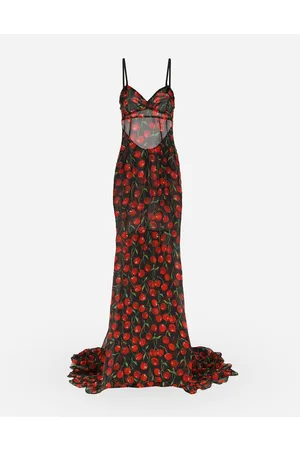Dolce & Gabbana Kleider - Langes Kleid mit Schleppe aus Chiffon Kirschenprint