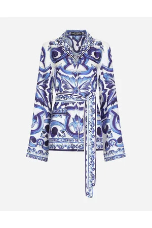Dolce & Gabbana Pyjamabluse Aus Twill Majolika-print - Frau Blusen Und Tops Blau Seide 40