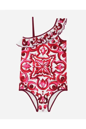 Dolce & Gabbana Badeanzug Majolika-print Mit Rüschen Am Ausschnitt - Frau Beachwear Fuchsia Stoff 2 Years
