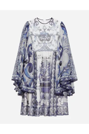 Dolce & Gabbana Langes Kleid Aus Chiffon Majolika-print - Frau Kleider Blau Seide 4 Years