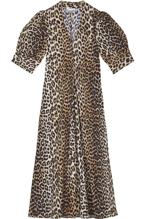 Ganni Bio-Baumwoll-Midikleid mit Leoparden-Print