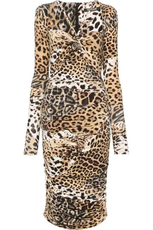 Roberto Cavalli Gerafftes Kleid mit Jaguar-Print