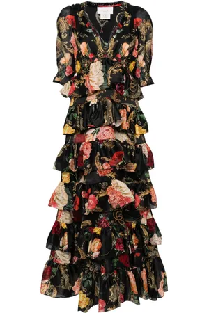 Camilla Gerüschtes Kleid mit Blumen-Print