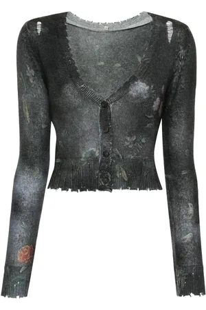 R13 Kaschmircardigan im Distressed-Look mit blumigem Print