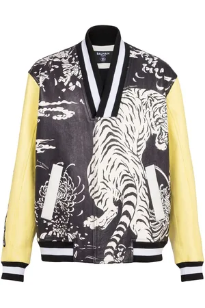 Balmain Leder-Collegejacke mit grafischem Print