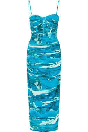 Rebecca Vallance Drapiertes Marine Midikleid mit grafischem Print
