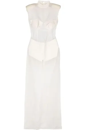 MITILIANE COUTURE Seiden-Maxikleid mit Ledereinsätzen