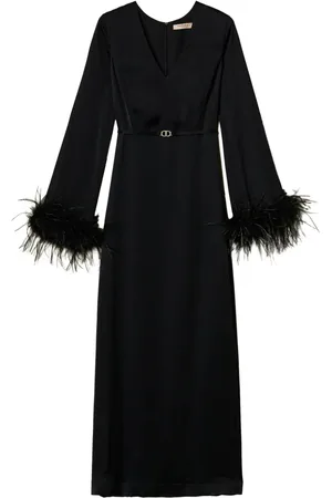 Twin-Set Maxikleid in Satinoptik mit Federn