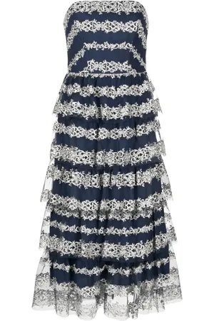 Marchesa Notte Gestuftes Midikleid mit Stickerei