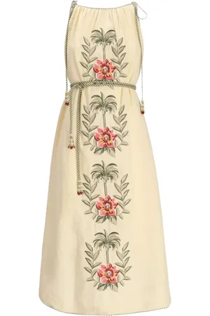 Farm Rio Sand Tropical Flower Midikleid mit Stickerei