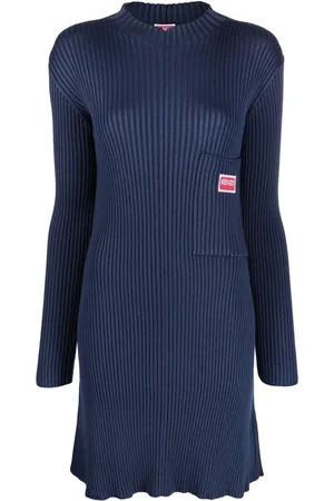 Kenzo Geripptes Strickkleid mit Logo-Patch