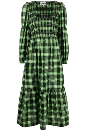 Ganni Kariertes Seersucker-Midikleid