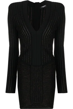 Balmain Geripptes Kleid mit V-Ausschnitt