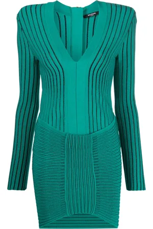 Balmain Geripptes Kleid mit V-Ausschnitt