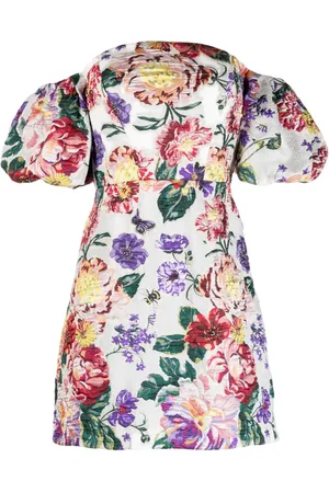 Marchesa Notte Schulterfreies Kleid mit Blumenstickerei