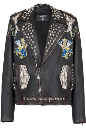 Balmain Lederjacke mit Logo-Stickerei