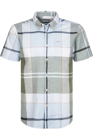 Barbour Kurzarmhemd, Tailored Fit, Leinen-Baumwolle, olivgrün-hellblau kariert