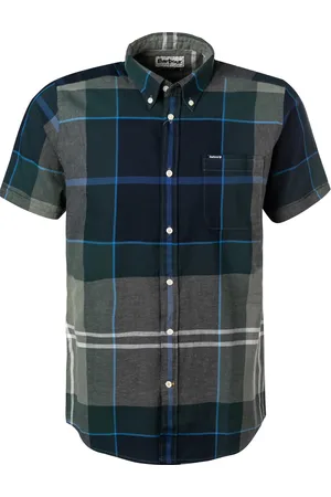 Barbour Kurzarmhemd, Tailored Fit, Leinen-Baumwolle, blaugrün kariert