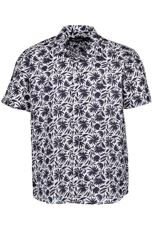 Karl Lagerfeld Kurzarmhemd, Baumwolle-Leinen, weiß-blau floral