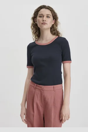 hessnatur Damen Rib Jersey T-Shirt Slim aus weicher Bio-Baumwolle - blau Grösse34
