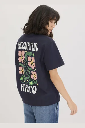 hessnatur Damen NAITO × Print T-Shirt Oversize aus Bio-Baumwolle - blau Grösse34