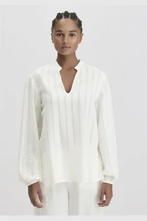 hessnatur Damen Embroidery Bluse Relaxed aus Bio-Baumwolle mit Leinen - weiß Grösse34