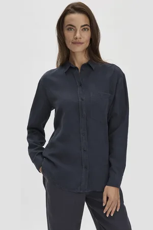 hessnatur Damen Bluse Relaxed aus weichem TENCEL™ Lyocell mit Leinen - blau Grösse34