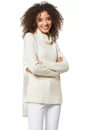 Madeleine Damen Pullover - Pullover mit Satineinsatz / weiss Gr.