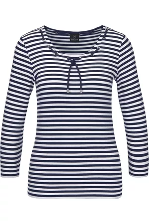 Madeleine Damen Shirts - Ringelshirt mit 3/4-Arm und variablem Ausschnitt / blau Gr.