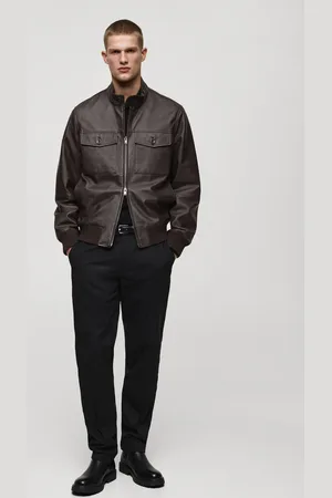 MANGO Leder-Bikerjacke mit Taschen - Herren - M