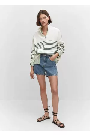 MANGO Damen Pullover mit Reißverschluss - Gestreifter Pullover mit Reißverschluss
