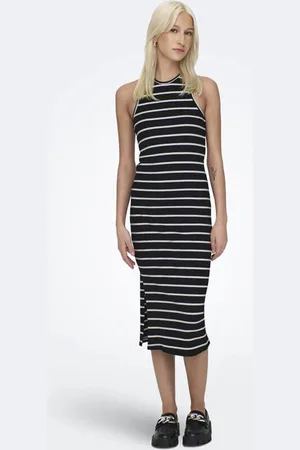 ONLY Belfast Stripe Geripptes Midikleid | Black + Thin White | Damen | S