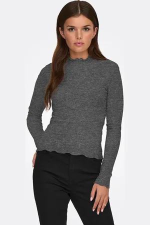 ONLY Sillie geripptes Langarmshirt | Dark Grey Melange | Damen | L
