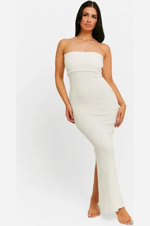 Tally Weijl Geripptes Bandeau Maxi Stickkleid | Offwhite | Damen | XS