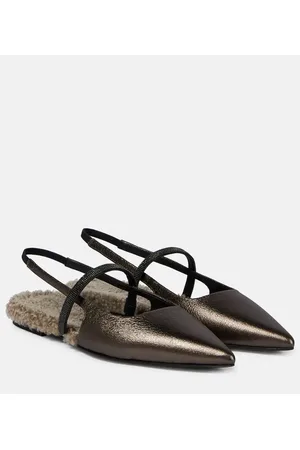 Brunello Cucinelli Verzierte Slingback-Ballerinas aus Metallic-Leder